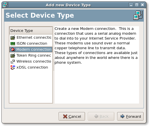 New network connection dialog